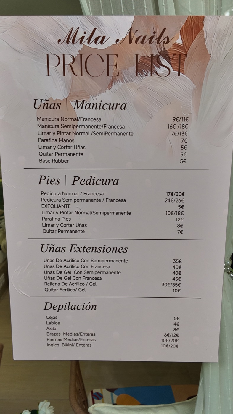 Tarifas de manicura, pedicura, extensiones de uñas y depilación de Mila Nails